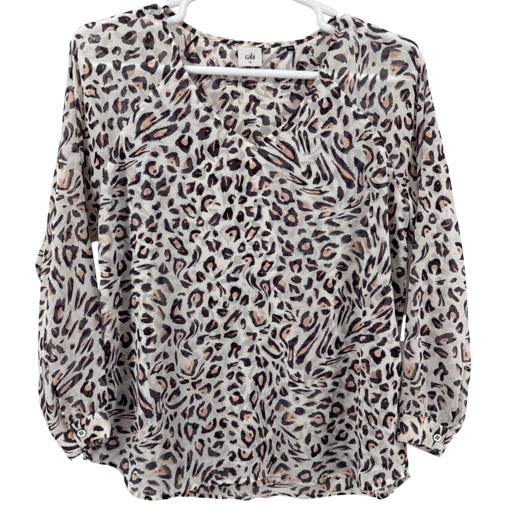 Cabi Blouse Women M Beige Leopard Print V-Neck‎ Long Sleeve Sheer Top 5337